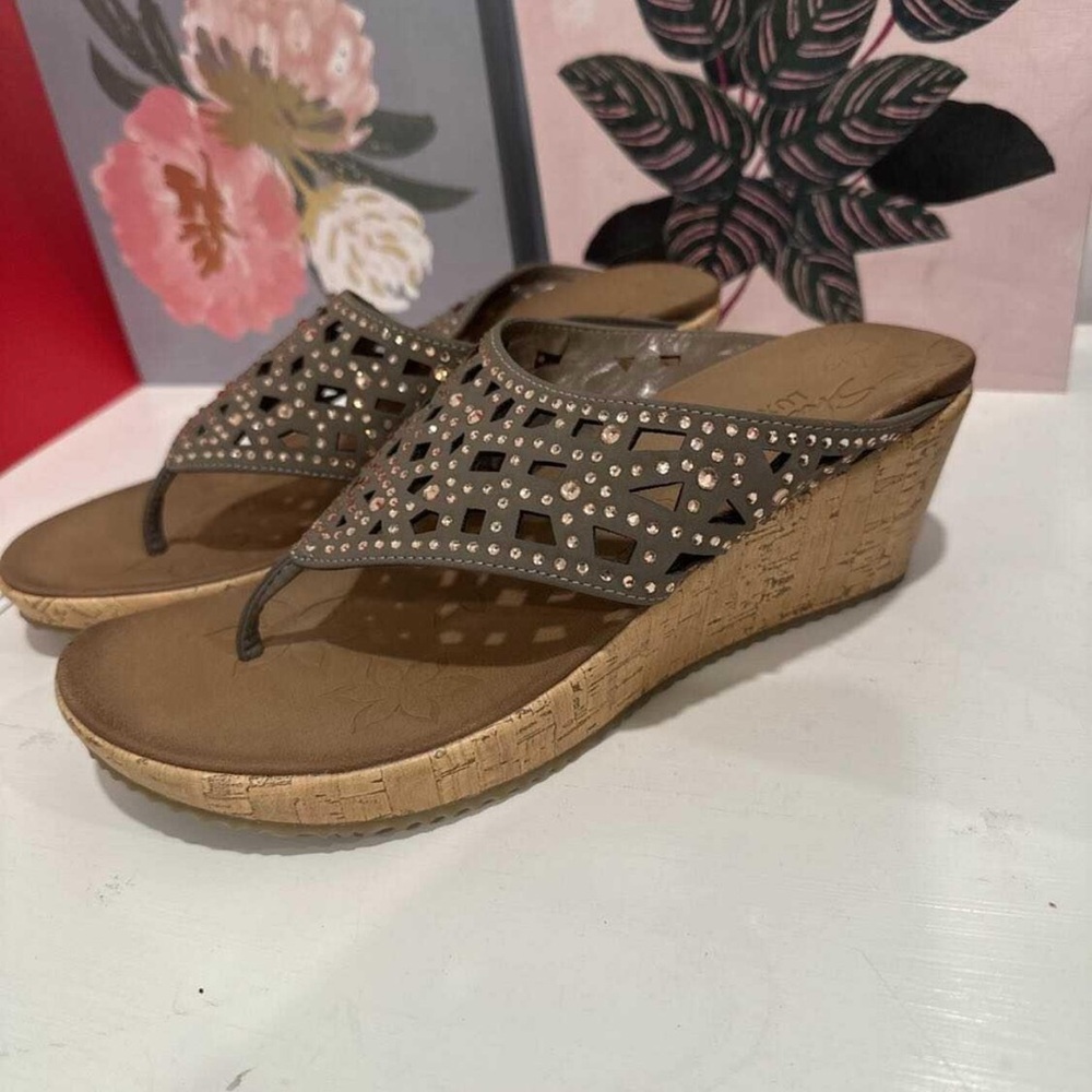 Skechers Tan Wedge Sandals with Studded Details